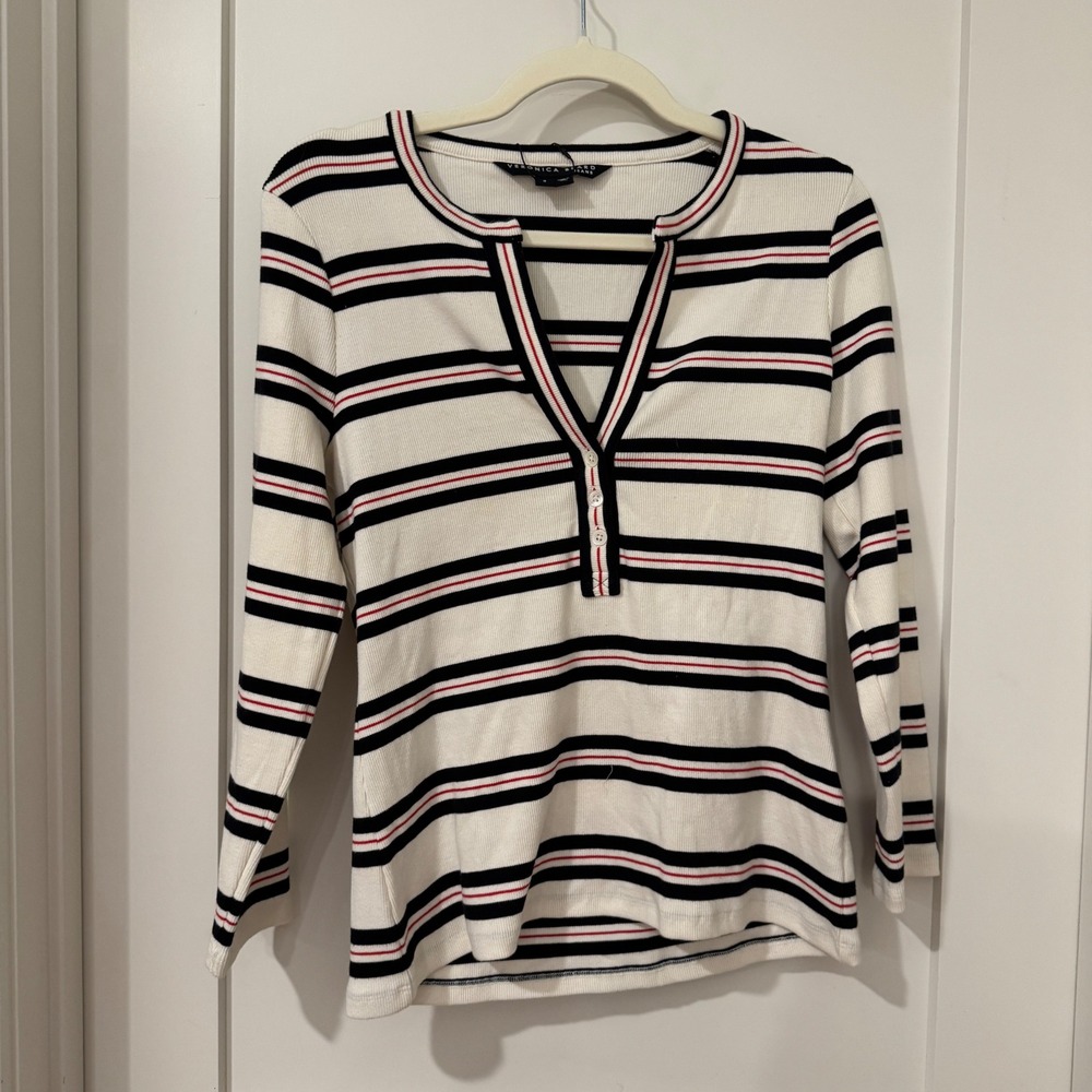 Veronica Beard Melva Henley Striped Ribbed Knit Top Red Black White SmallNWT$198